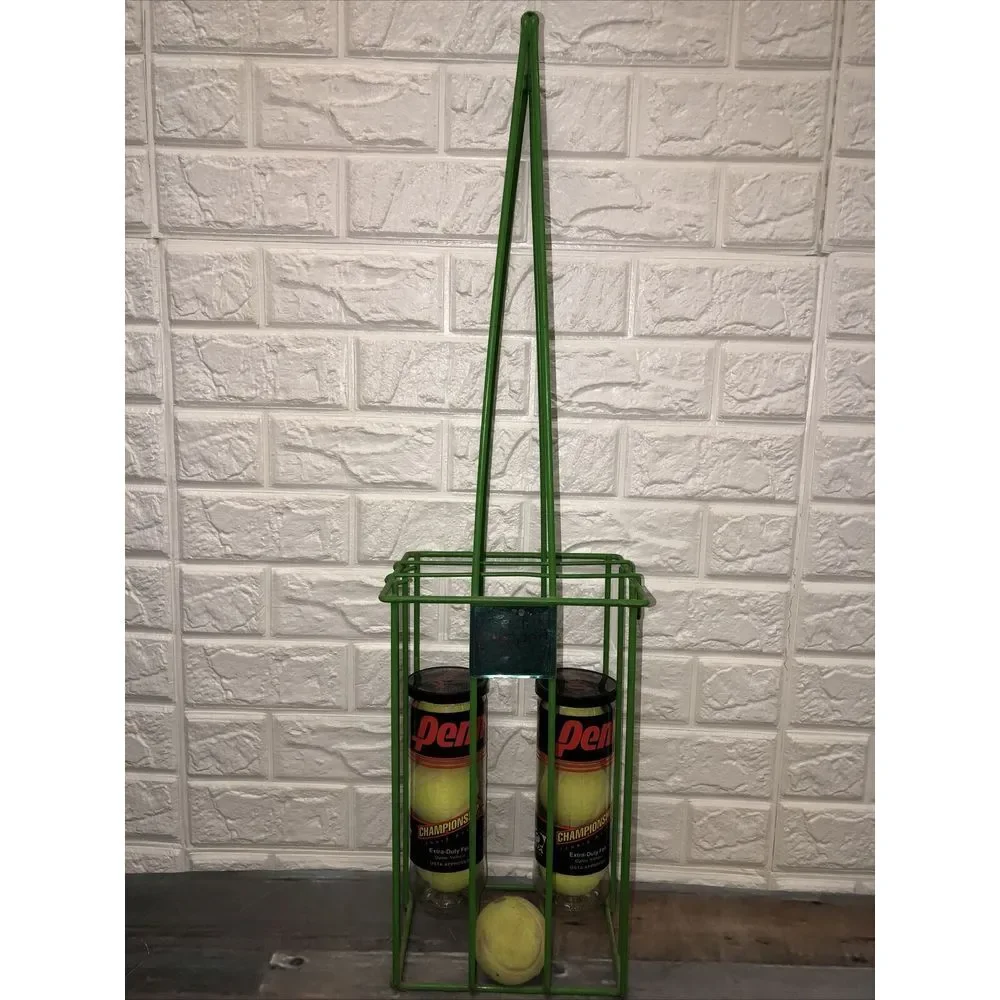 Vtg Tennis Ball Hopper Basket Green Plastic Coated Wire Made In USA + Penn Balls